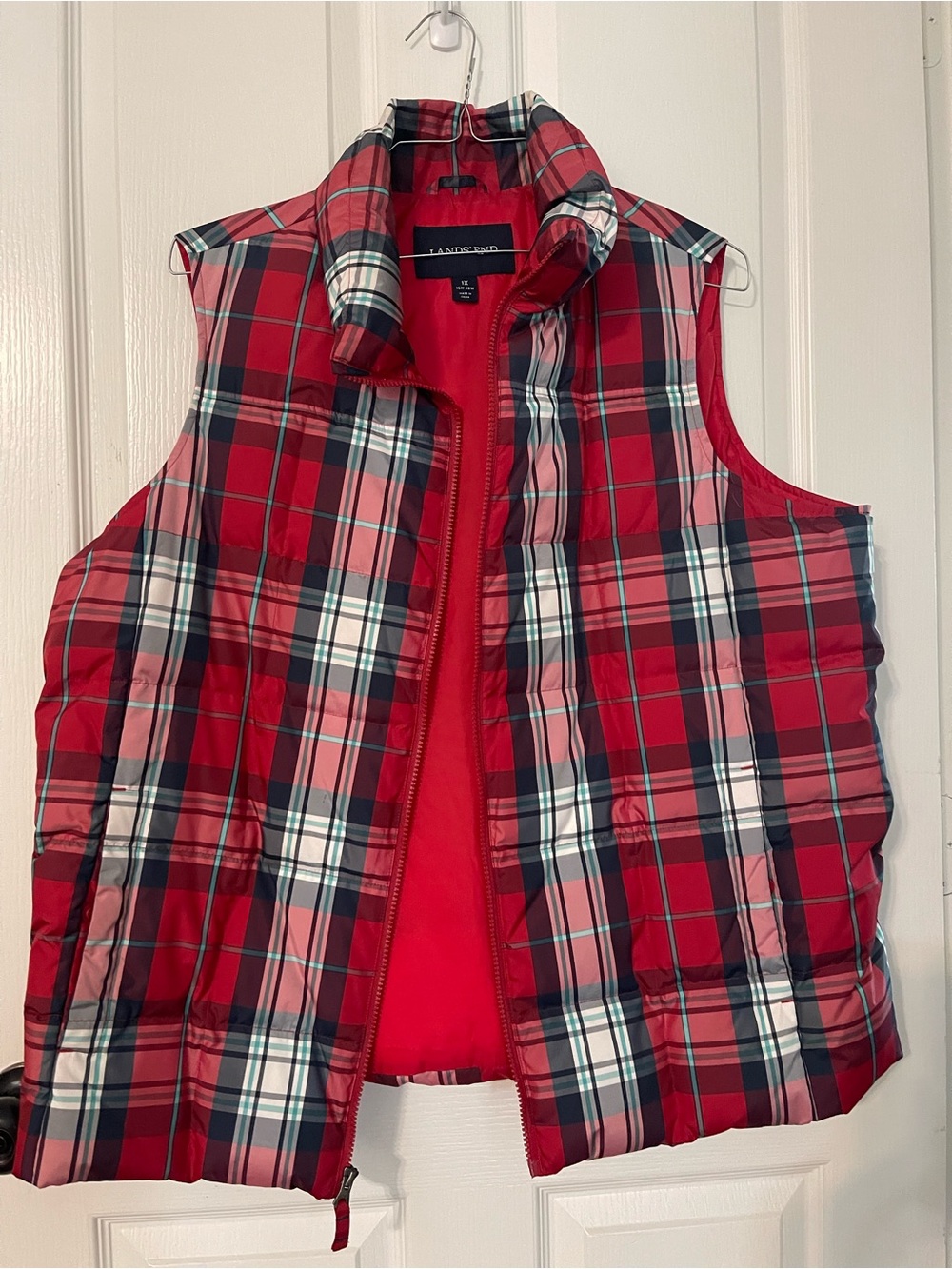 Lands' End Red Plaid Quilted Vest